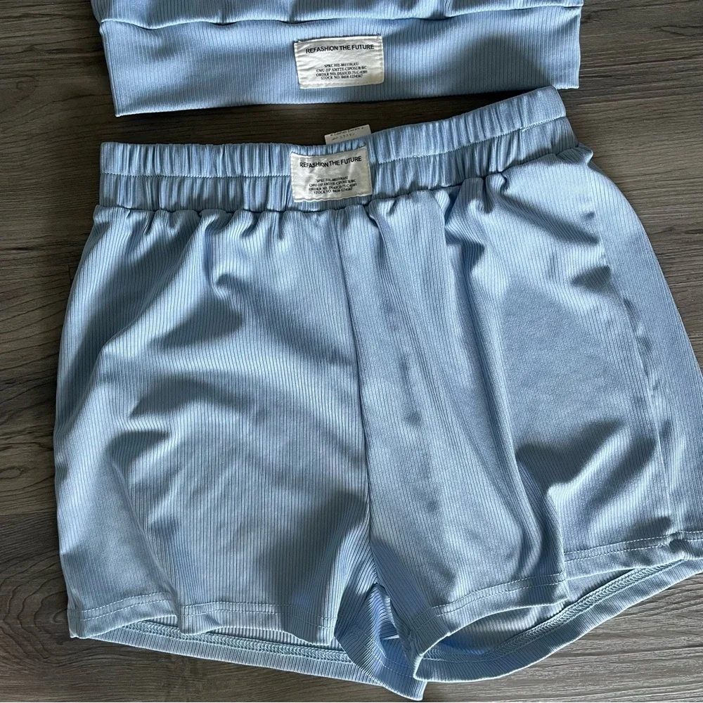 Women’s Blue Lounge Set XS Matching Sports Bra Shorts Soft Ribbed Activewear